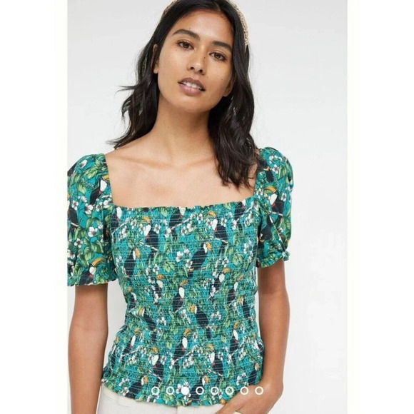 Dolan x Anthropologie M Green Left Coast Smocked Puff Sleeved Top Tropical Bird - Picture 4 of 15